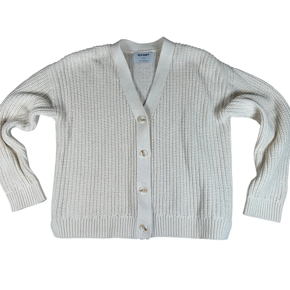 Old Navy Girls Large 10-12 Cream Shaker Stitch‎ Button Front Cardigan Sweater